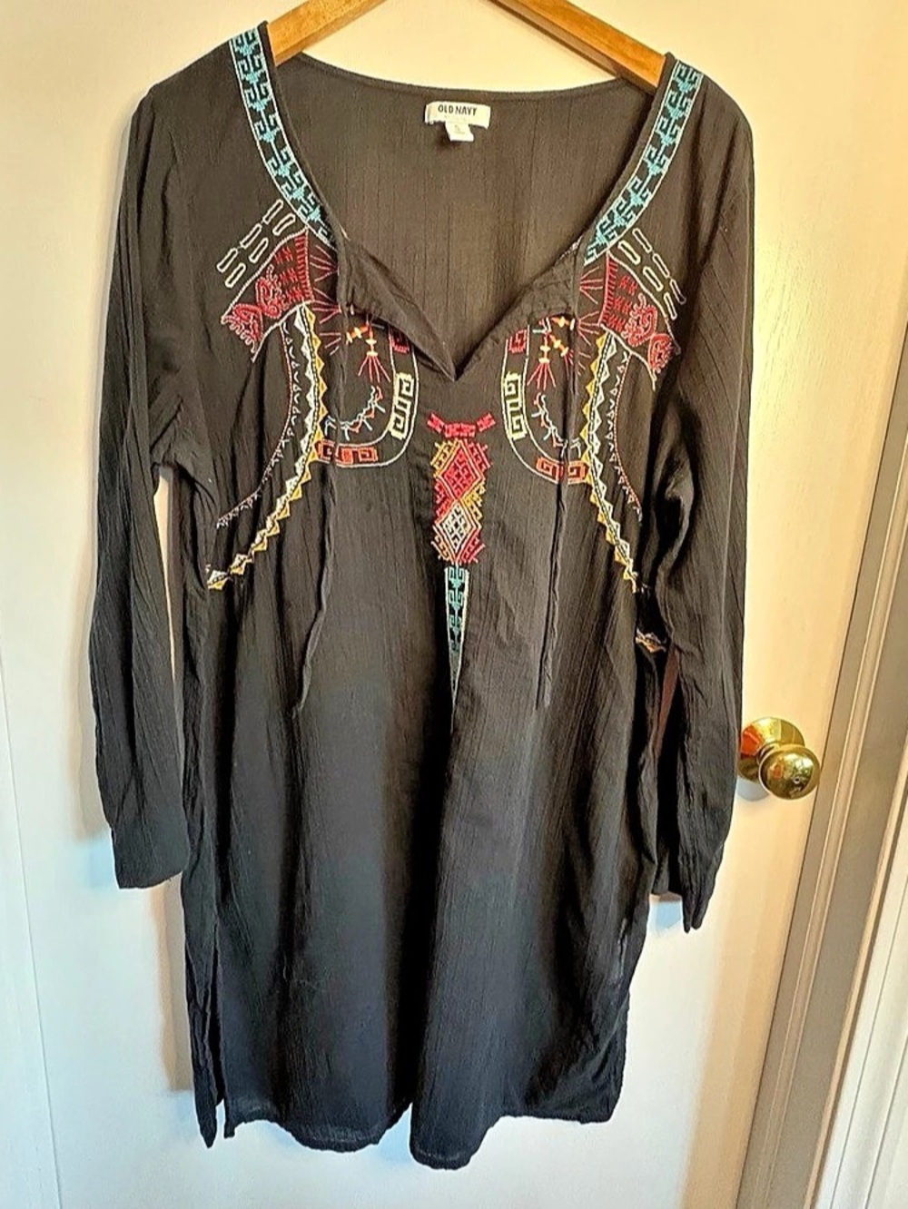 Old Navy Sz XL Embroidered Black Mini Dress Boho Cotton Festival Western Beachy